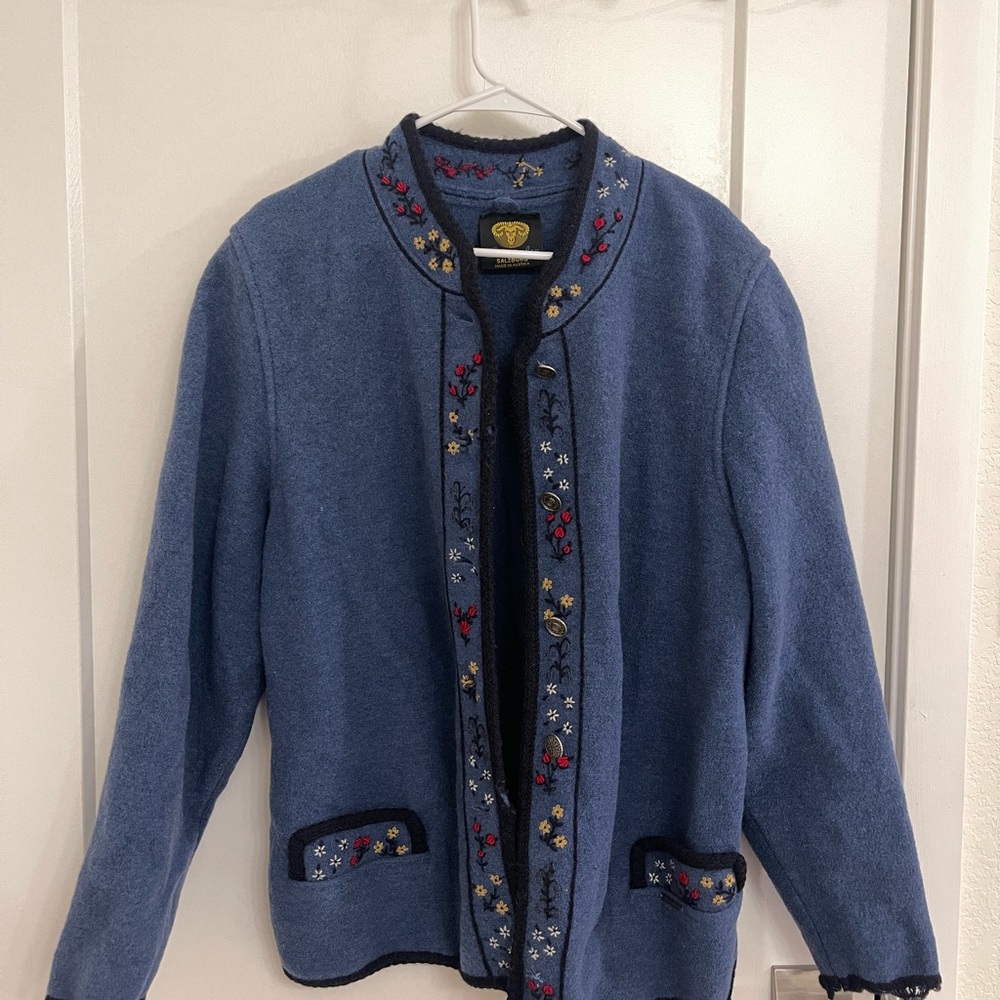 Vintage Wool Salzburg Cottagecore Blue Embroidered Women's‎ Cardigan Jacket